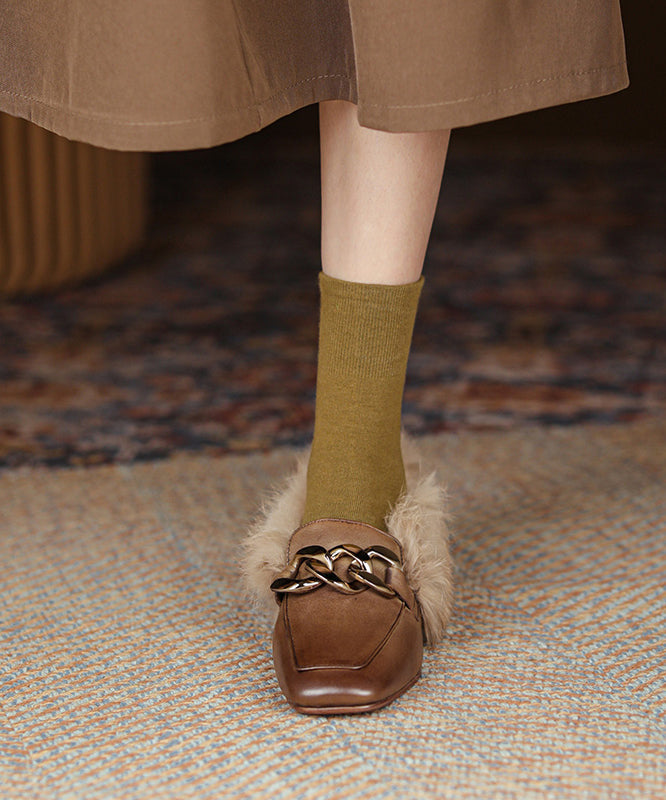 Brown Penny Loafers Cowhide Leather Splicing Fuzzy Wool Lined
