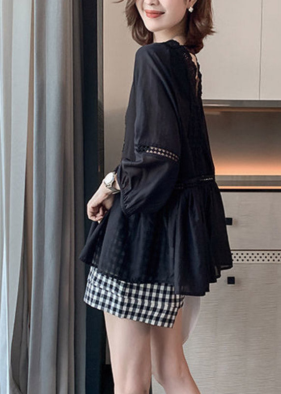 Black V Neck Hollow Out Patchwork Lace Shirt Three Quarter Sleeve