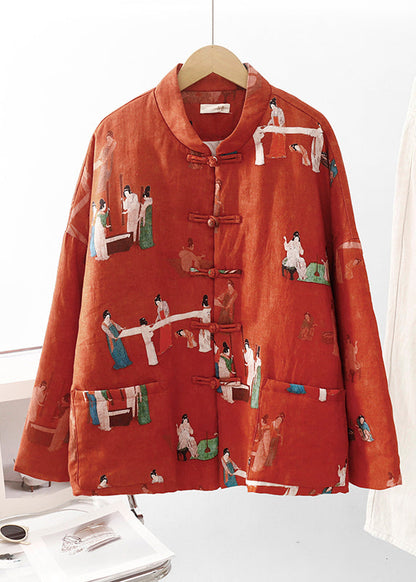 Orange Print Pockets Fine Cotton Filled Oriental Coats Winter