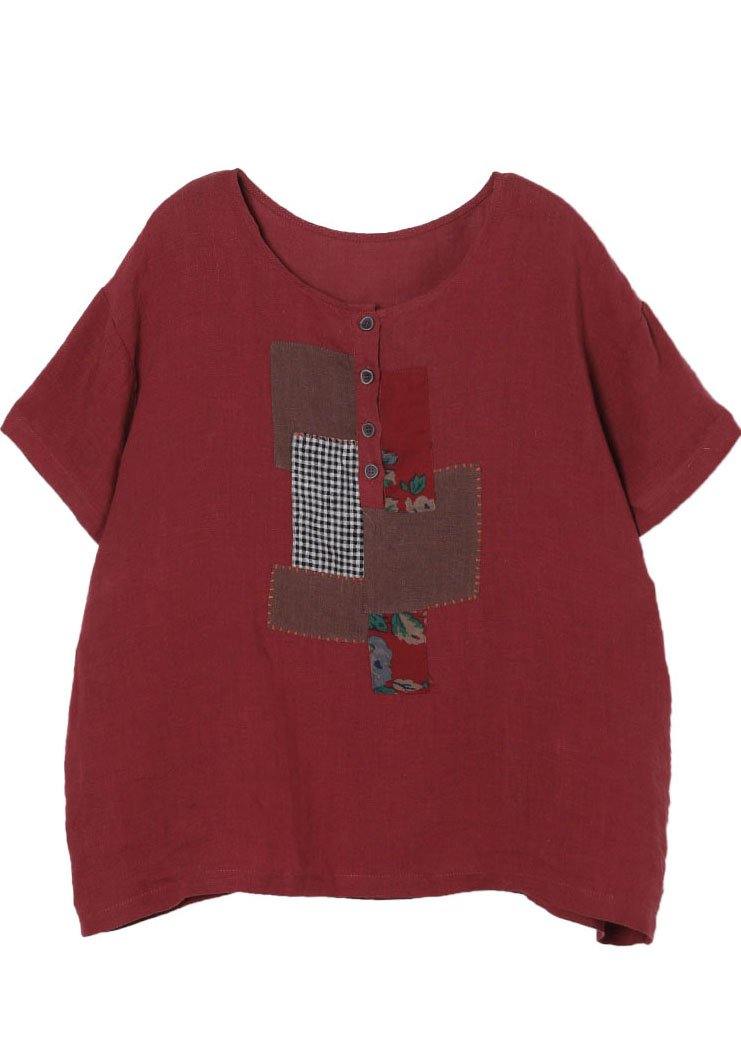 Organic Red Button Short Sleeve Cotton Linen Shirt Tops