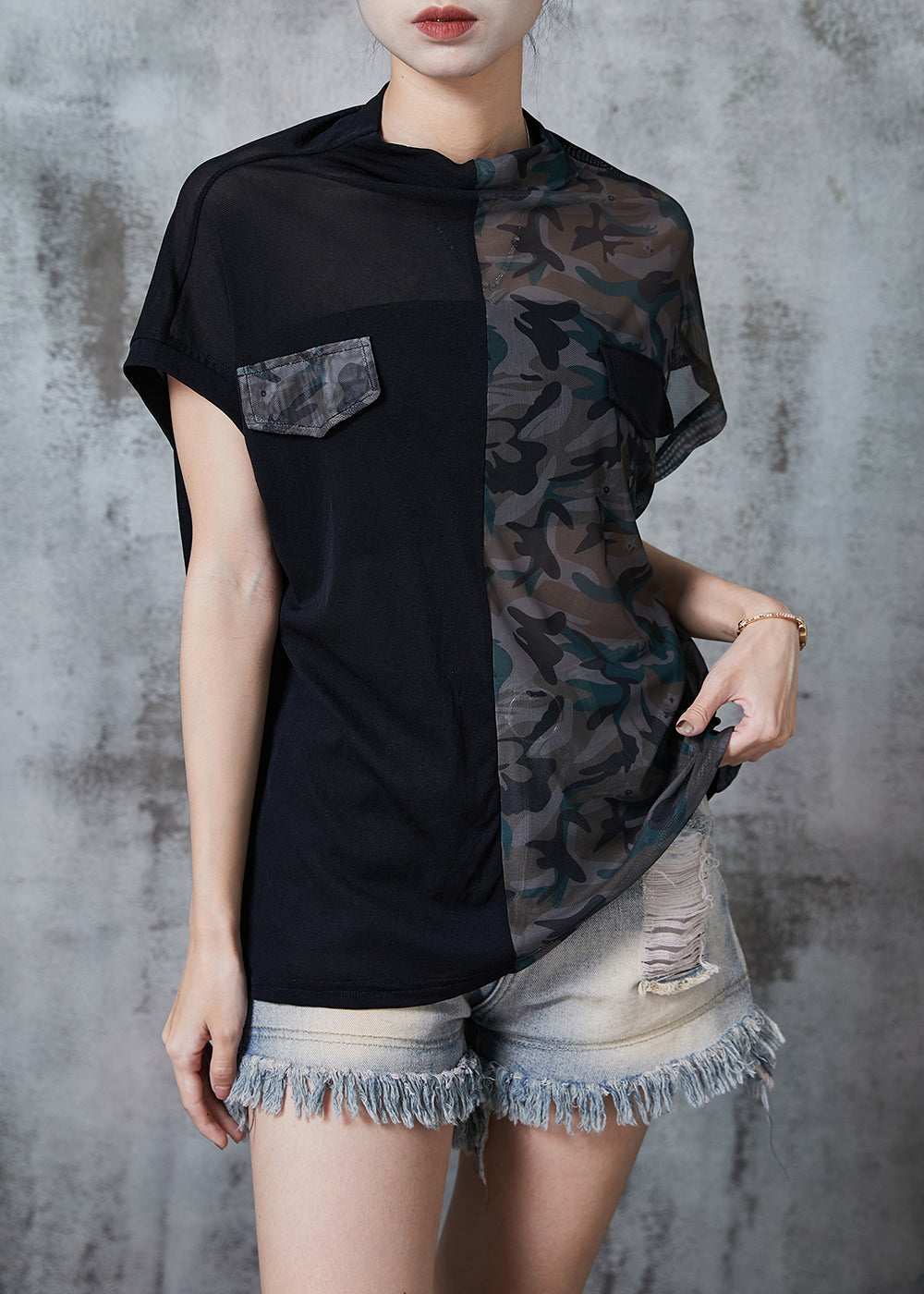 Black Stand Collar Patchwork Camouflage Tulle Tanks Summer