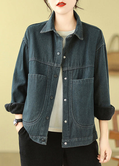 Navy Oversized Pockets Warm Fleece Denim Jacket Spring