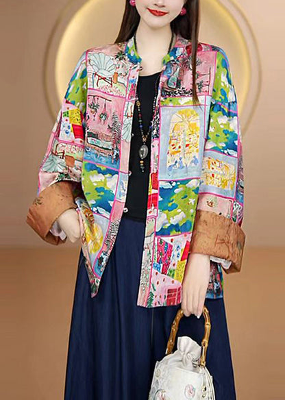 Chinese Style O-neck Print Loose Silk Coat Fall