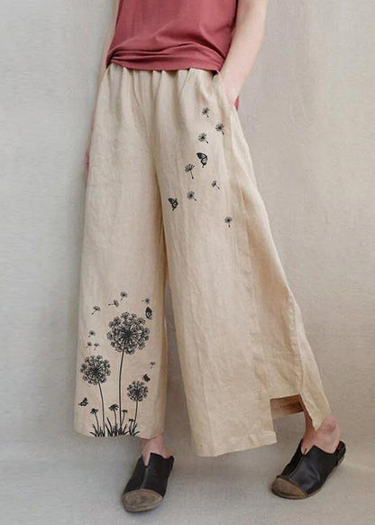 Handmade Khaki Print Dandelion Wide Leg Pants Summer Cotton Linen