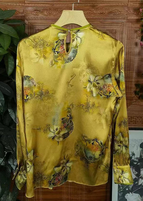 Yellow Button Print Patchwork Silk Shirts Long Sleeve