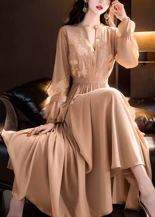 Purple Embroidered Lace Elastic Waist Maxi Dresses Fall