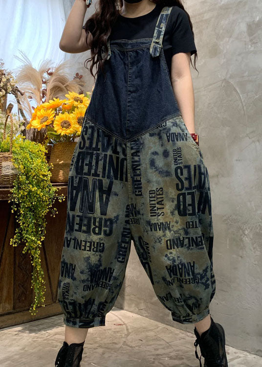 Blue Fine Graphic Denim Overalls Jumpsuit Spring