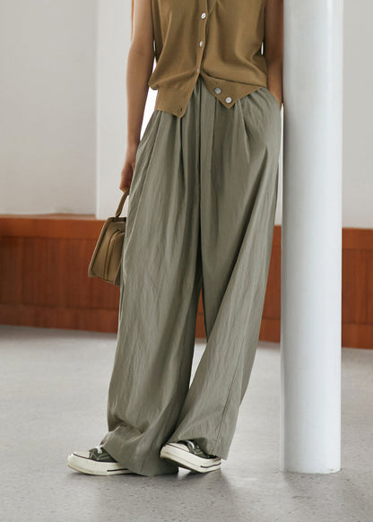 Grey Elastic Waist Pockets Wide Leg Pants Summer