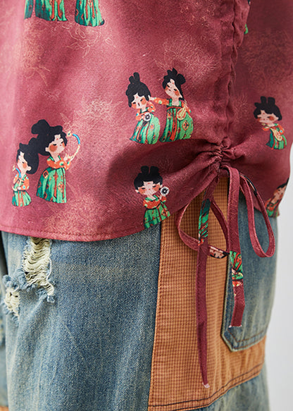Dull Red Print Chinese Button Silk Shirt Summer
