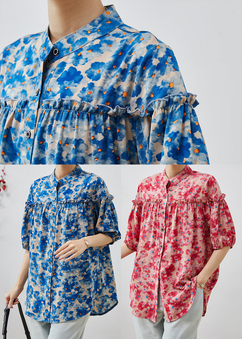 Pink Ruffled Print Chiffon Shirts Summer