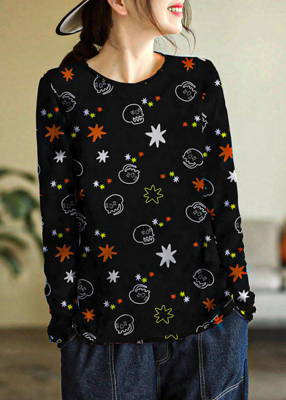 Blue O-neck Print Cotton Knitted Top Long Sleeve