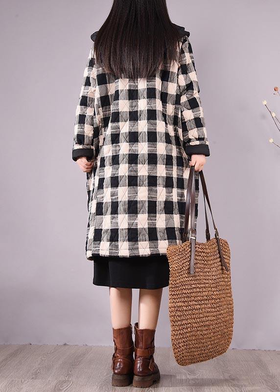 Black Plaid Parkas for Coats Hooded Pockets Outwear