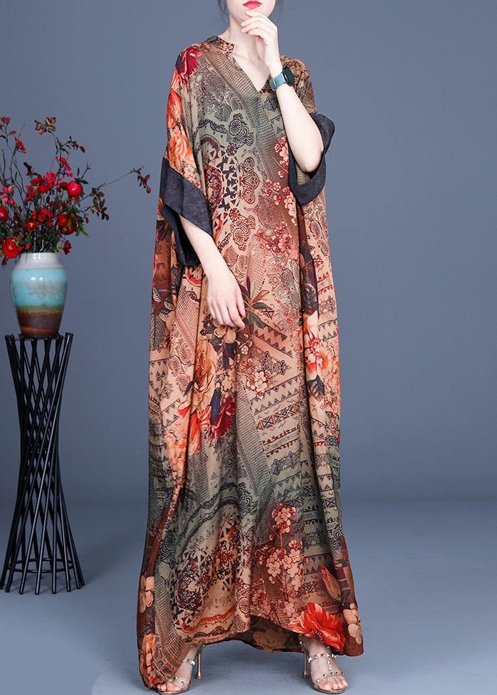 French Chocolate Print V Neck Oversize Summer Silk Long Dress
