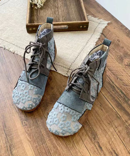 Retro Grey Flat Boots Splicing Lace Up Hollow Out Soofairy Shoes-20251
