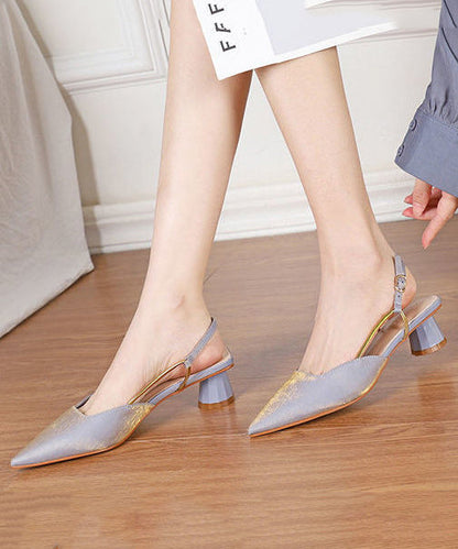 French Beige Pointed Toe Buckle Strap Chunky Sandals