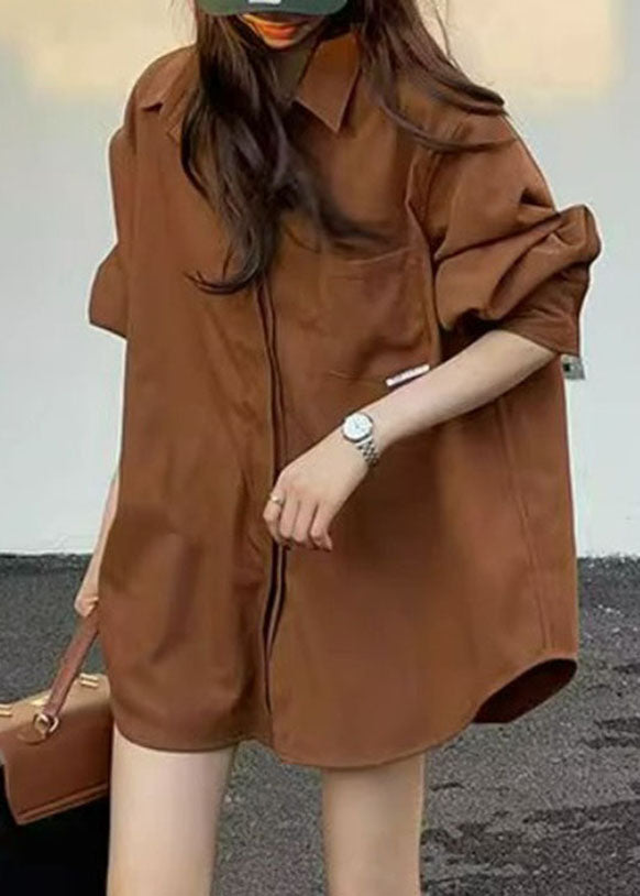 Brown Peter Pan Collar Button Shirt Fall