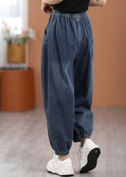 Blue Pockets Elastic Waist Denim Pants Fall