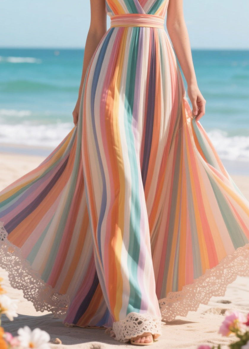 Polychrome Striped Patchwork Exra Large Hem Beach Dress Summer