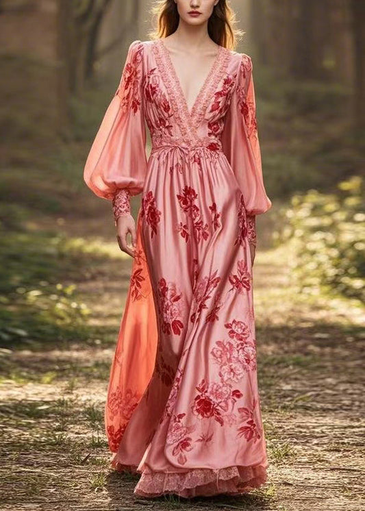 Stylish Pink V Neck Print Silk Dresses Lantern Sleeve Spring