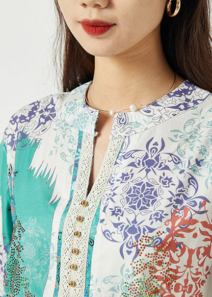 Light Blue Oversized Print Nail Bead Shirt Tops Summer