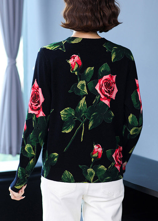 Black O Neck Print Woolen Knit Pullover Spring