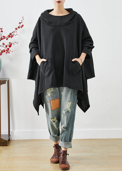 Diy Black Hooded Oversized Asymmetrical Exra Large Hem Cotton Sweatshirts Top Summer