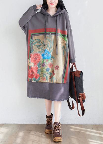 Unique Grey Drawstring Hooded Print Dresses Spring