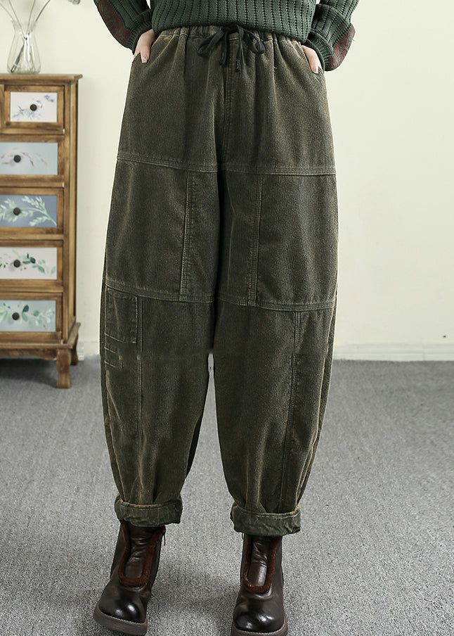 Green Pockets Elastic Waist Corduroy Warm Fleece Pants Spring