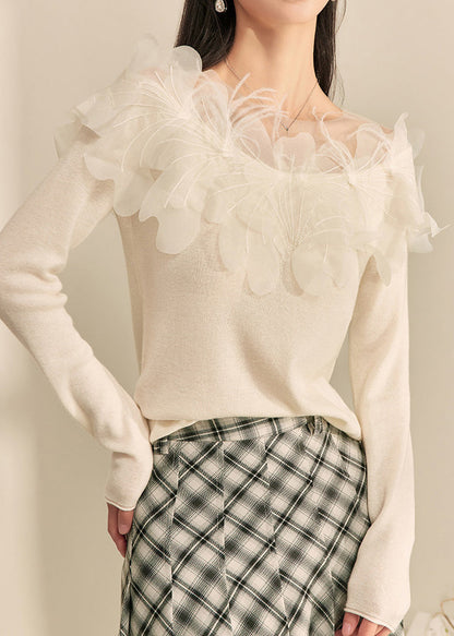 Classy White Patchwork Knit Top Spring