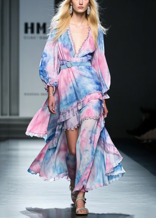 Rainbow Asymmetrical Tie Dye Chiffon Tunic Dress Spring