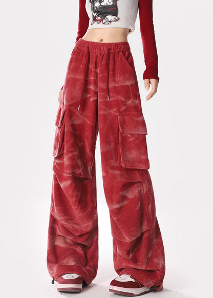 Spring Red Tie Dyed Pocket Corduroy Straight Pants