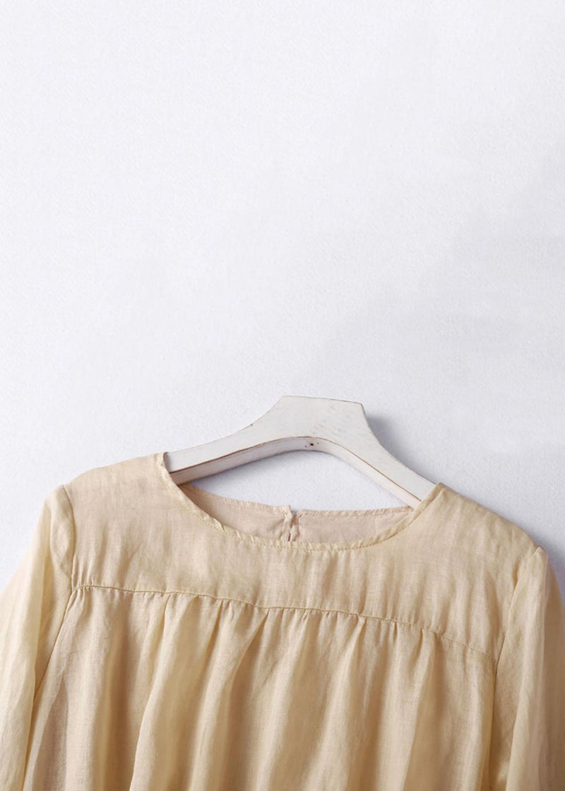 Light Khaki O Neck Lace Up Cotton Dress Summer