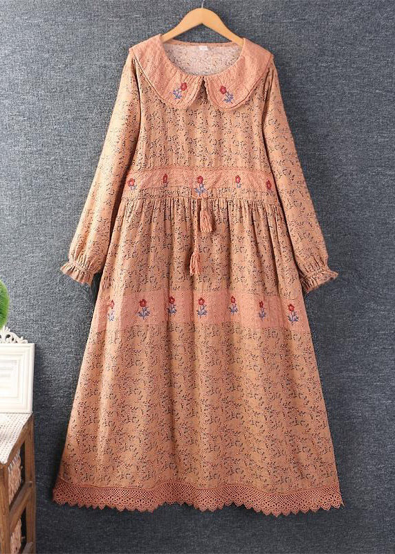 Orange Print Tie Waist Pockets Linen Dresses Spring