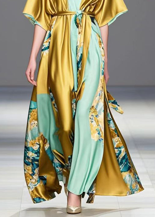 Diy Golden Tie Waist Print Silk Maxi Dress Summer