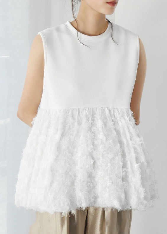 White Tasseled Patchwork Cotton Tops Sleeveless