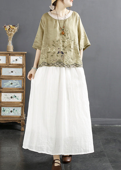 Green Low High Design Linen Shirts Embroideried Summer
