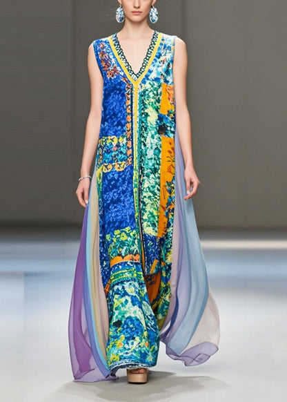 Modern Blue V Neck Patchwork Print Chiffon Robe Dresses Sleeveless Summer