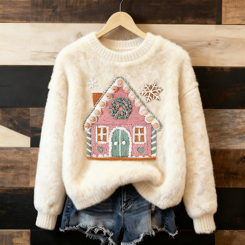 Comstylish Women's Christmas Embroidery Art Comfort Plush Sweatshirt