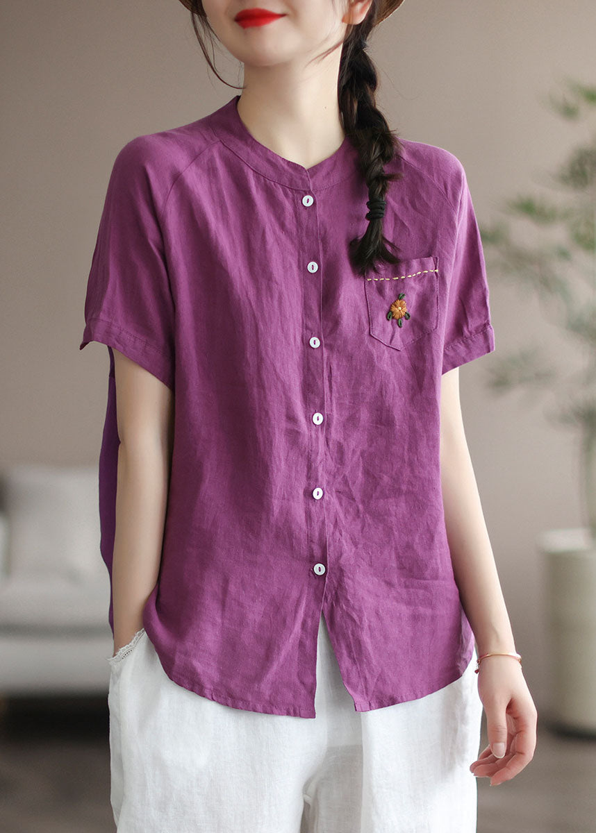 Purple Embroideried Pocket Linen Shirt Top Short Sleeve