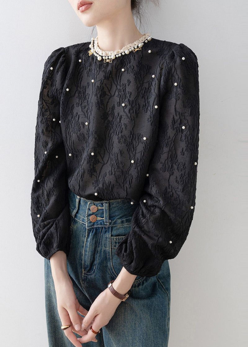 Modern Black Jacquard Nail Bead Chiffon Blouse Tops Spring