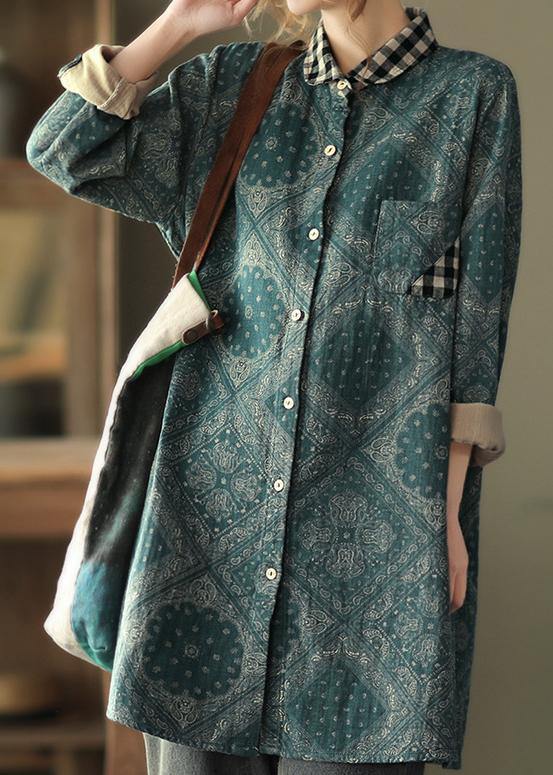 Classy Green Plaid Shirts Lapel Pockets Baggy Spring Tops