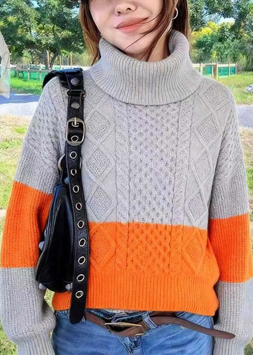 Loose Colorblock Hign Neck Thick Knit Sweater Spring