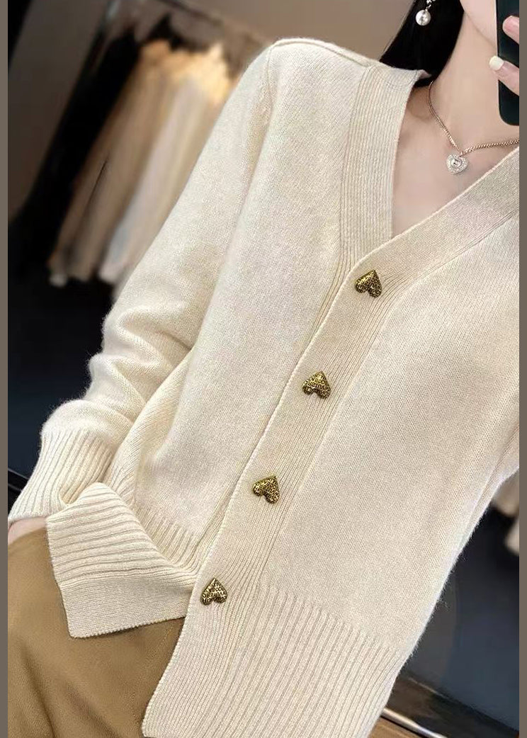 Beige Button Knit Coats V Neck Spring