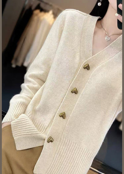 Beige Button Knit Coats V Neck Spring