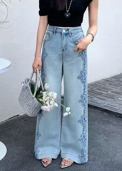 Handmade Blue Hollow Out Lace Patchwork Denim Pants Fall