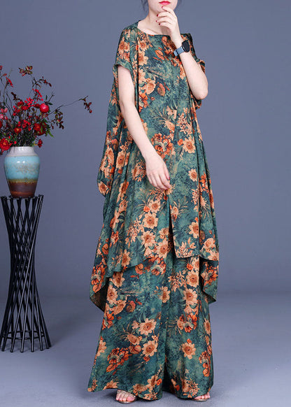 French Green Print Low High Design Fall Short Sleeve Two Piece Set