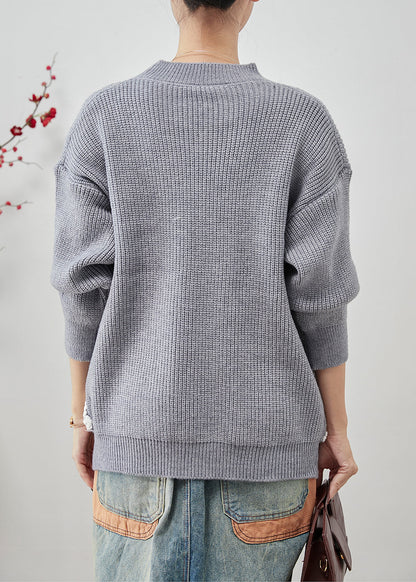 Grey Oversized Patchwork Pockets Knit Sweater Tops Winter
