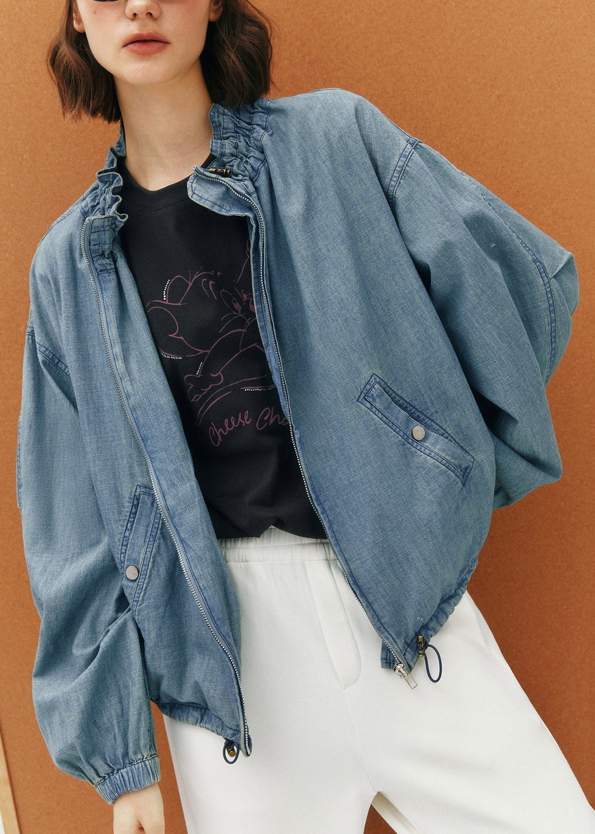 Blue Zip Up Ruffled Pockets Denim Jackets Fall