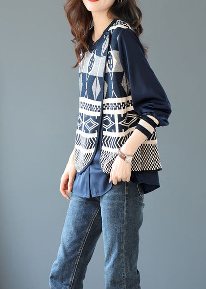 Blue O Neck False Two Pieces Patchwork Knit Top Fall