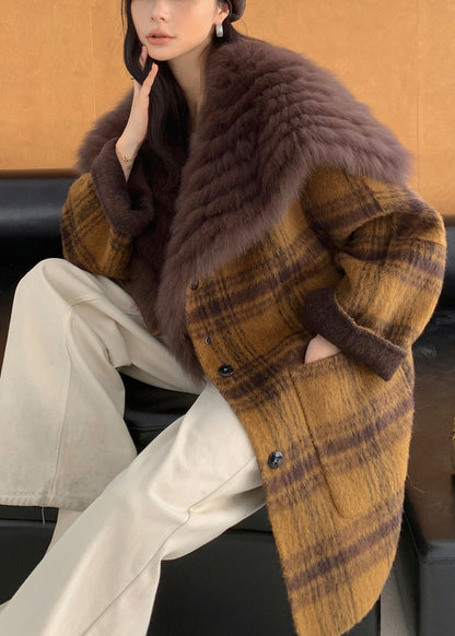 Yellow Fur Collar Plaid Pockets Wear on Both Sides Woolen Coats Fall